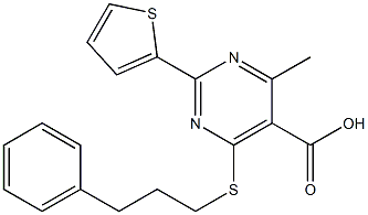 4-methyl-6-[(3-phenylpropyl)thio]-2-thien-2-ylpyrimidine-5-carboxylic acid Struktur