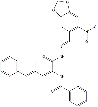 N-(1-{[2-({6-nitro-1,3-benzodioxol-5-yl}methylene)hydrazino]carbonyl}-3-methyl-4-phenyl-1,3-butadienyl)benzamide Struktur