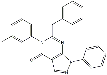 6-benzyl-5-(3-methylphenyl)-1-phenyl-1,5-dihydro-4H-pyrazolo[3,4-d]pyrimidin-4-one Struktur