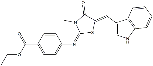 ethyl 4-{[5-(1H-indol-3-ylmethylene)-3-methyl-4-oxo-1,3-thiazolidin-2-ylidene]amino}benzoate Struktur