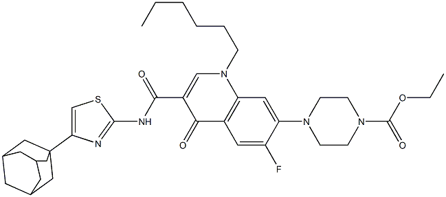 ethyl 4-[3-({[4-(1-adamantyl)-1,3-thiazol-2-yl]amino}carbonyl)-6-fluoro-1-hexyl-4-oxo-1,4-dihydro-7-quinolinyl]-1-piperazinecarboxylate Struktur