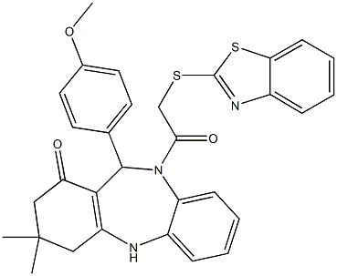 10-[(1,3-benzothiazol-2-ylsulfanyl)acetyl]-11-(4-methoxyphenyl)-3,3-dimethyl-2,3,4,5,10,11-hexahydro-1H-dibenzo[b,e][1,4]diazepin-1-one Struktur