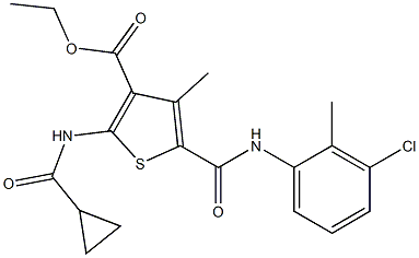 ethyl 5-[(3-chloro-2-methylanilino)carbonyl]-2-[(cyclopropylcarbonyl)amino]-4-methyl-3-thiophenecarboxylate Struktur