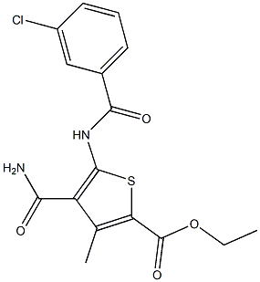 ethyl 4-(aminocarbonyl)-5-[(3-chlorobenzoyl)amino]-3-methyl-2-thiophenecarboxylate Struktur