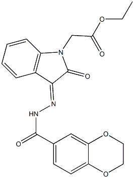 ethyl {3-[(2,3-dihydro-1,4-benzodioxin-6-ylcarbonyl)hydrazono]-2-oxo-2,3-dihydro-1H-indol-1-yl}acetate Struktur