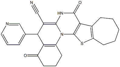 4,8-dioxo-5-(3-pyridinyl)-1,3,4,5,7,8,10,11,12,13-decahydro-2H,9H-cyclohepta[4',5']thieno[3',2':5,6]pyrimido[1,2-a]quinoline-6-carbonitrile Struktur