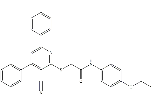 2-{[3-cyano-6-(4-methylphenyl)-4-phenyl-2-pyridinyl]sulfanyl}-N-(4-ethoxyphenyl)acetamide Struktur