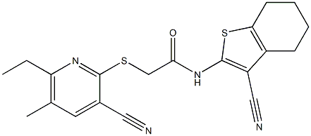 2-[(3-cyano-6-ethyl-5-methyl-2-pyridinyl)sulfanyl]-N-(3-cyano-4,5,6,7-tetrahydro-1-benzothien-2-yl)acetamide Struktur