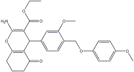 ethyl 2-amino-4-{3-methoxy-4-[(4-methoxyphenoxy)methyl]phenyl}-5-oxo-5,6,7,8-tetrahydro-4H-chromene-3-carboxylate Struktur