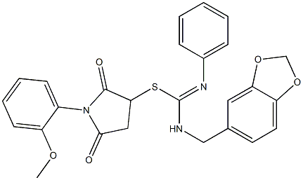 1-(2-methoxyphenyl)-2,5-dioxo-3-pyrrolidinyl N-(1,3-benzodioxol-5-ylmethyl)-N'-phenylimidothiocarbamate Struktur