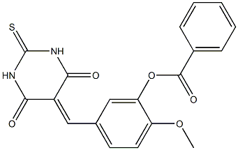 5-[(4,6-dioxo-2-thioxotetrahydro-5(2H)-pyrimidinylidene)methyl]-2-methoxyphenyl benzoate Struktur