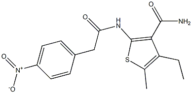 4-ethyl-2-[({4-nitrophenyl}acetyl)amino]-5-methyl-3-thiophenecarboxamide Struktur