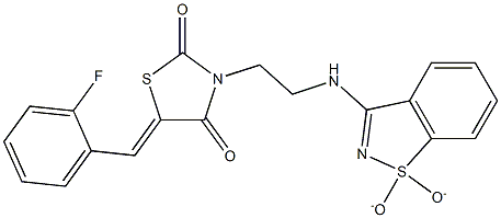 3-{2-[(1,1-dioxido-1,2-benzisothiazol-3-yl)amino]ethyl}-5-(2-fluorobenzylidene)-1,3-thiazolidine-2,4-dione Struktur