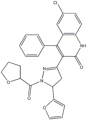 6-chloro-3-[5-(2-furyl)-1-(tetrahydro-2-furanylcarbonyl)-4,5-dihydro-1H-pyrazol-3-yl]-4-phenyl-2(1H)-quinolinone Struktur