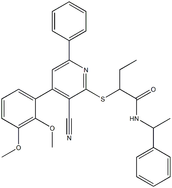 2-{[3-cyano-4-(2,3-dimethoxyphenyl)-6-phenyl-2-pyridinyl]sulfanyl}-N-(1-phenylethyl)butanamide Struktur