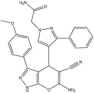 2-{4-[6-amino-5-cyano-3-(4-methoxyphenyl)-1,4-dihydropyrano[2,3-c]pyrazol-4-yl]-3-phenyl-1H-pyrazol-1-yl}acetamide Struktur