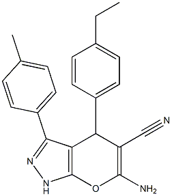 6-amino-4-(4-ethylphenyl)-3-(4-methylphenyl)-1,4-dihydropyrano[2,3-c]pyrazole-5-carbonitrile Struktur