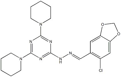 6-chloro-1,3-benzodioxole-5-carbaldehyde [4,6-di(1-piperidinyl)-1,3,5-triazin-2-yl]hydrazone Struktur