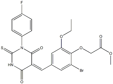 methyl {2-bromo-6-ethoxy-4-[(1-(4-fluorophenyl)-4,6-dioxo-2-thioxotetrahydro-5(2H)-pyrimidinylidene)methyl]phenoxy}acetate Struktur