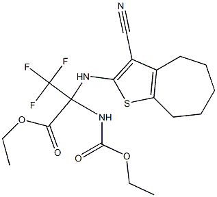 ethyl 2-[(3-cyano-5,6,7,8-tetrahydro-4H-cyclohepta[b]thien-2-yl)amino]-2-[(ethoxycarbonyl)amino]-3,3,3-trifluoropropanoate Struktur