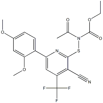 ethyl {[3-cyano-6-(2,4-dimethoxyphenyl)-4-(trifluoromethyl)-2-pyridinyl]sulfanyl}acetylcarbamate Struktur