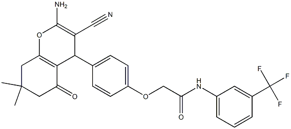 2-[4-(2-amino-3-cyano-7,7-dimethyl-5-oxo-5,6,7,8-tetrahydro-4H-chromen-4-yl)phenoxy]-N-[3-(trifluoromethyl)phenyl]acetamide Struktur