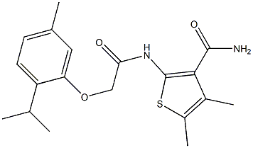 2-{[2-(2-isopropyl-5-methylphenoxy)acetyl]amino}-4,5-dimethyl-3-thiophenecarboxamide Struktur