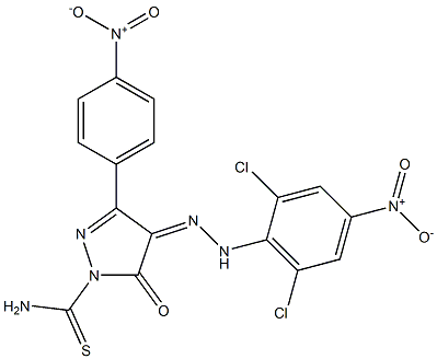 4-[(Z)-2-(2,6-dichloro-4-nitrophenyl)hydrazono]-3-(4-nitrophenyl)-5-oxo-1H-pyrazole-1(5H)-carbothioamide Struktur