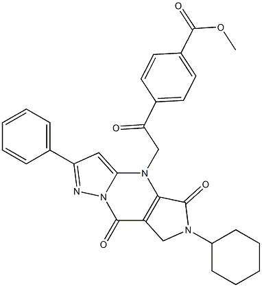 4-[[(6-Cyclohexyl-5,6,7,8-tetrahydro-5,8-dioxo-2-phenyl-4H-1,4,6,8a-tetraaza-s-indacen)-4-yl]acetyl]benzoic acid methyl ester Struktur