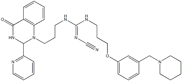 1-[3-[2-Cyano-3-[3-(3-piperidinomethylphenoxy)propyl]guanidino]propyl]-2-(2-pyridinyl)-1,2-dihydroquinazolin-4(3H)-one Struktur