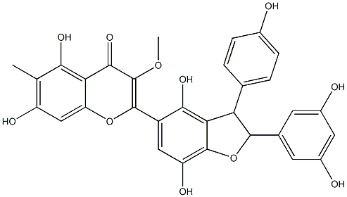 (+)-2-[[2,3-Dihydro-2-(3,5-dihydroxyphenyl)-3-(4-hydroxyphenyl)-4,7-dihydroxybenzofuran]-5-yl]-3-methoxy-6-methyl-5,7-dihydroxy-4H-1-benzopyran-4-one Struktur