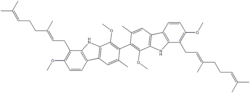 8,8'-Bis[(2E)-3,7-dimethyl-2,6-octadienyl]-3,3'-dimethyl-1,1',7,7'-tetramethoxy-2,2'-bi(9H-carbazole) Struktur