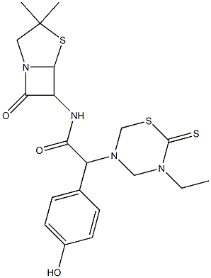 7-Oxo-3,3-dimethyl-6-[[[(tetrahydro-2-thioxo-3-ethyl-2H-1,3,5-thiadiazin)-5-yl](4-hydroxyphenyl)acetyl]amino]-4-thia-1-azabicyclo[3.2.0]heptane Struktur