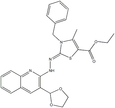 2-[2-[3-(1,3-Dioxolane-2-yl)quinoline-2-yl]hydrazono]-3-benzyl-2,3-dihydro-4-methylthiazole-5-carboxylic acid ethyl ester Struktur