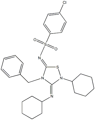 2-Cyclohexyl-3-cyclohexylimino-4-benzyl-5-(4-chlorophenyl)sulfonylimino-1,2,4-thiadiazolidine Struktur