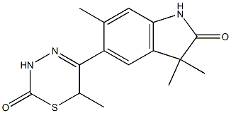 3,3,6-Trimethyl-5-[(3,6-dihydro-6-methyl-2-oxo-2H-1,3,4-thiadiazin)-5-yl]-1H-indol-2(3H)-one Struktur