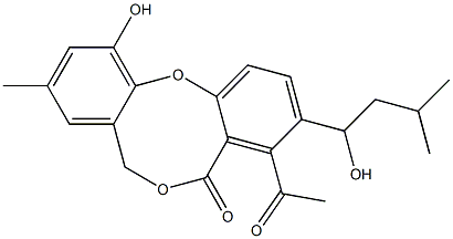 11-Hydroxy-4-acetyl-9-methyl-3-(1-hydroxy-3-methylbutyl)-5H,7H-dibenzo[b,g][1,5]dioxocin-5-one Struktur