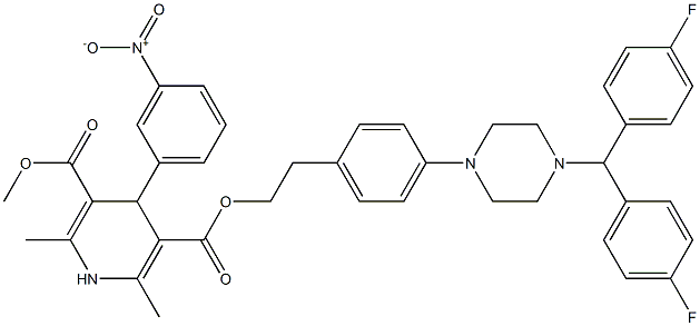 2,6-Dimethyl-4-(3-nitrophenyl)-1,4-dihydropyridine-3,5-dicarboxylic acid 3-methyl 5-[2-[4-[[4-[bis(4-fluorophenyl)methyl]piperazin]-1-yl]phenyl]ethyl] ester Struktur