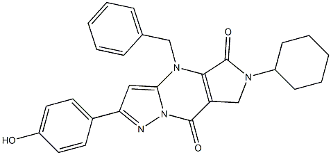 6-Cyclohexyl-6,7-dihydro-4-benzyl-2-(4-hydroxyphenyl)-4H-1,4,6,8a-tetraaza-s-indacene-5,8-dione Struktur