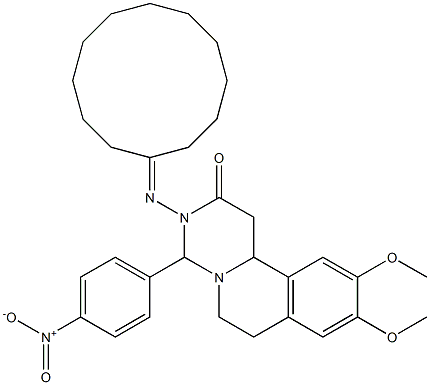 3-(Cyclododecan-1-ylideneamino)-4-(4-nitrophenyl)-9,10-dimethoxy-1,3,4,6,7,11b-hexahydro-2H-pyrimido[6,1-a]isoquinolin-2-one Struktur