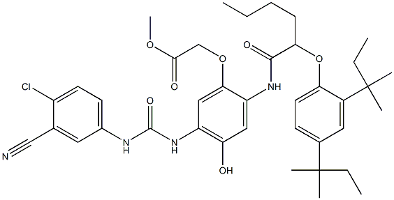 2-[5-[3-(4-Chloro-3-cyanophenyl)ureido]-4-hydroxy-2-[[2-(2,4-di-tert-pentylphenoxy)-1-oxohexyl]amino]phenoxy]acetic acid methyl ester Struktur