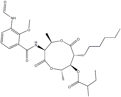 2-Methylbutanoic acid (3S,4R,7R,8R,9S)-3-[(3-formylamino-2-methoxybenzoyl)amino]-4,9-dimethyl-2,6-dioxo-7-hexyl-1,5-dioxonan-8-yl ester Struktur