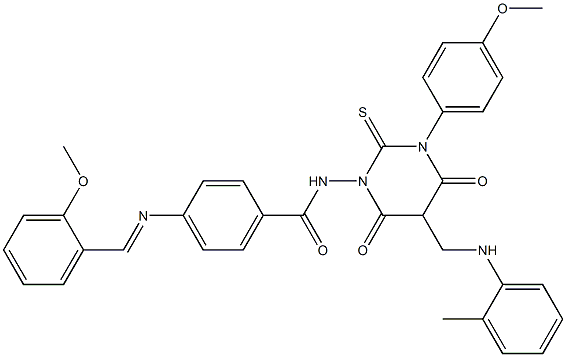 4-(2-Methoxybenzylideneamino)-N-[[hexahydro-4,6-dioxo-2-thioxo-3-(4-methoxyphenyl)-5-(2-methylphenylaminomethyl)pyrimidin]-1-yl]benzamide Struktur