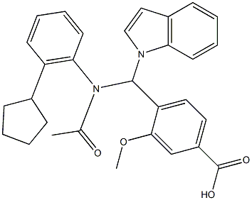 4-[6-Cyclopentylphenylacetylamino-1H-indol-1-ylmethyl]-3-methoxybenzoic acid Struktur