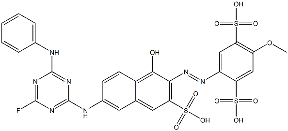 2-[[6-[[4-Fluoro-6-(phenylamino)-1,3,5-triazin-2-yl]amino]-1-hydroxy-3-sulfo-2-naphthalenyl]azo]-5-methoxy-1,4-benzenedisulfonic acid Struktur