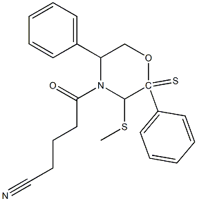 3-Methylthio-2,5-diphenyl-2-thiomorpholino-5-oxovaleronitrile Struktur