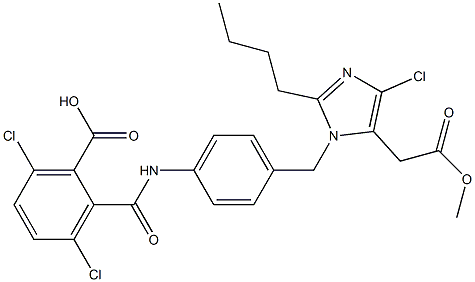 2-Butyl-4-chloro-1-[4-[2-(hydroxycarbonyl)-3,6-dichlorobenzoylamino]benzyl]-1H-imidazole-5-acetic acid methyl ester Struktur