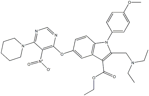 1-(4-Methoxyphenyl)-2-[(diethylamino)methyl]-5-[5-nitro-6-piperidinopyrimidin-4-yloxy]-1H-indole-3-carboxylic acid ethyl ester Struktur