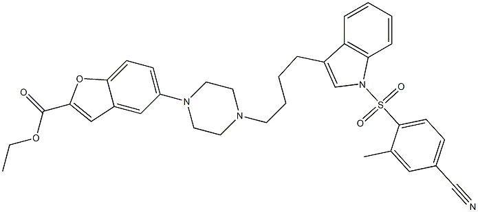 Ethyl 5-[4-[4-(5-cyano-1-toluenesulfonyl-1H-indol-3-yl)butyl]-1-piperazinyl]benzofuran-2-carboxylate Struktur