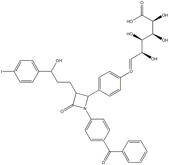 1-O-(4-(1-(4-benzoylphenyl)-3--(3-hydroxy-3-(4-iodophenyl)propyl)-2-oxo-4-azetidinyl)phenyl)glucuronic acid Struktur